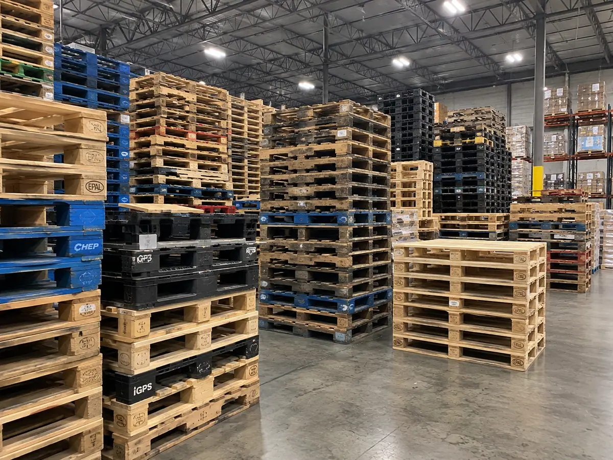 Warehouse interior with pallets sorted by type — natural wood, blue pooled units, black plastic and EPAL stamped stacks