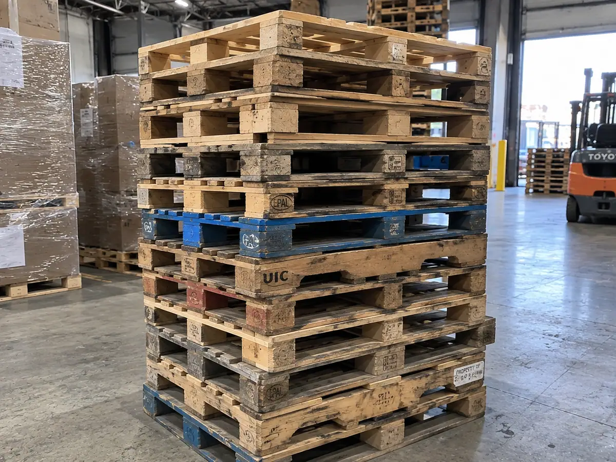 A single tall stack of mixed used pallets standing on a warehouse floor with a forklift and daylight beyond