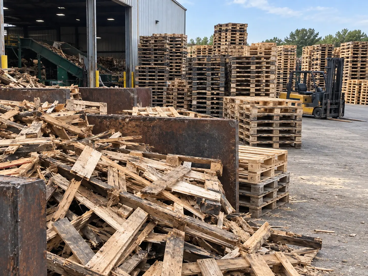 Recycling yard with a steel bin full of broken pallet wood, a grinder conveyor, stacks of pallets and a forklift beyond